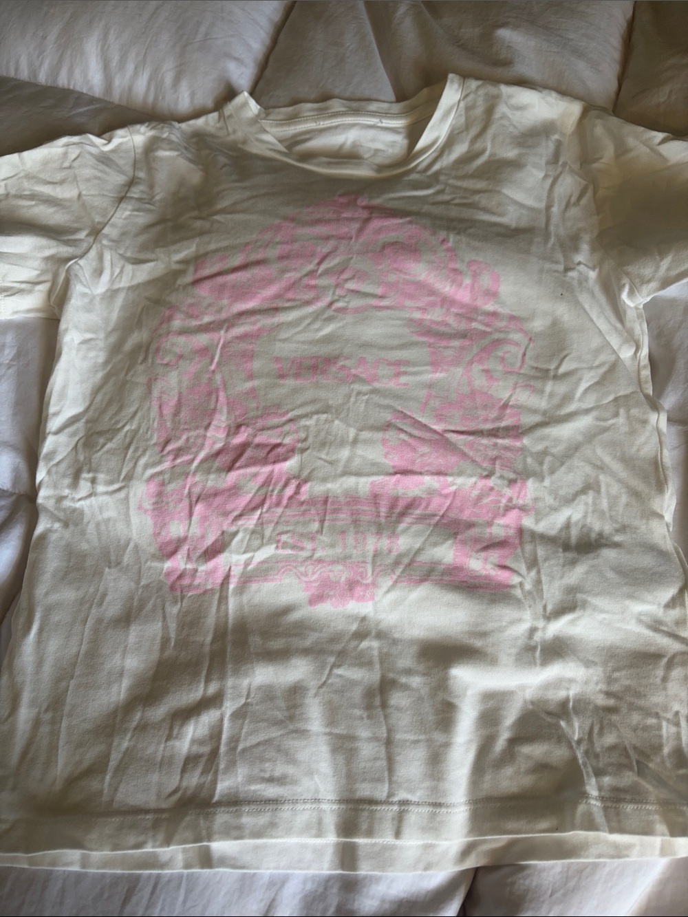 Versace Cream Short Sleeve Tee with Pink Logo Graphic